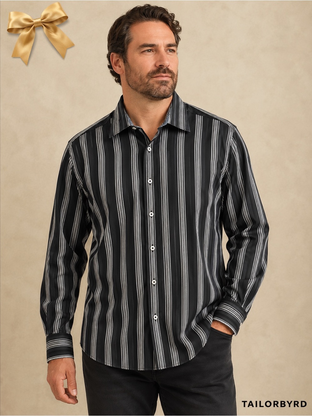 Tailorbyrd Black Vertically Striped Cotton Button-Down Shirt